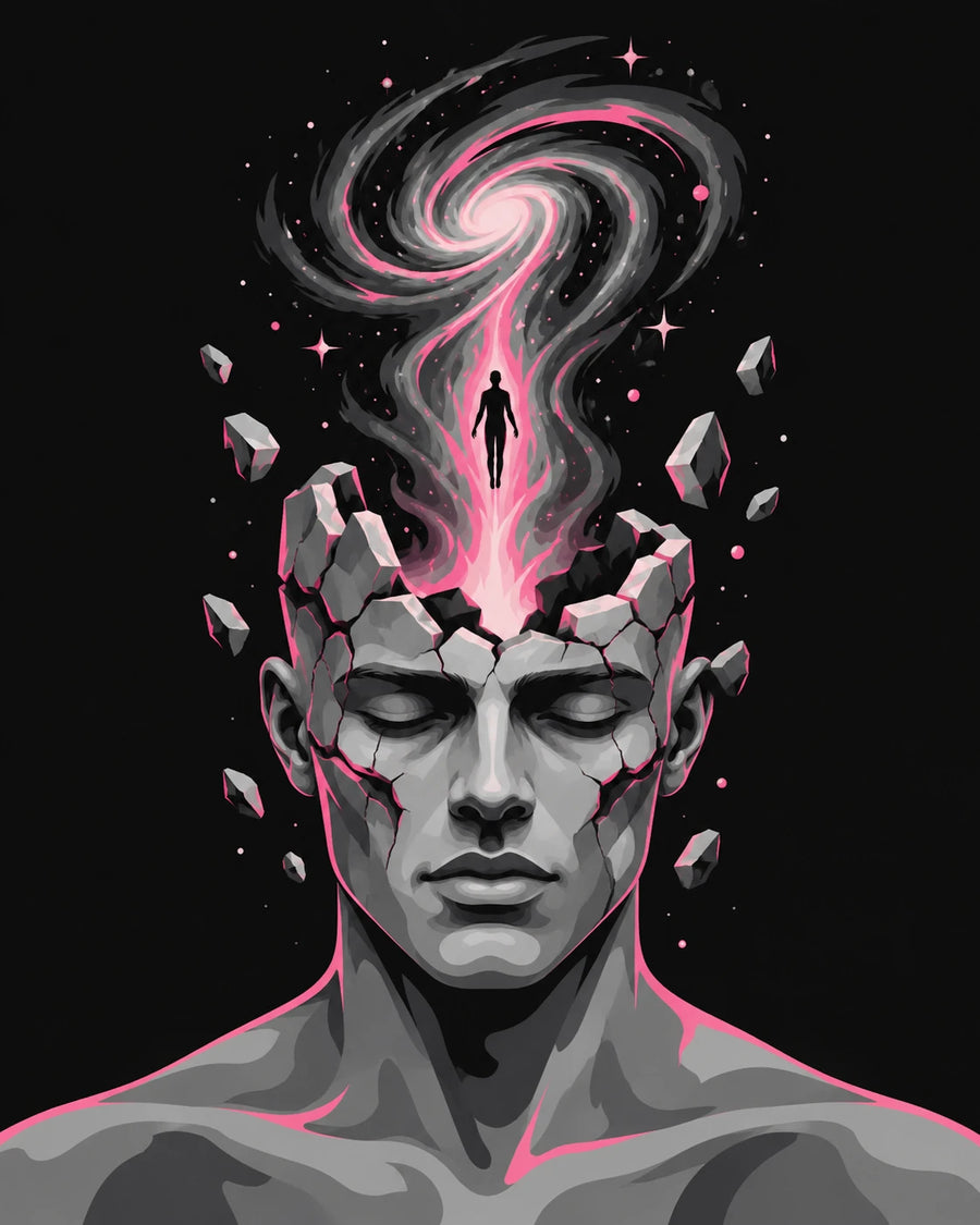 Alvir Art design 001: a cracked stone head opening into a pink galaxy, a small figure rising from it.