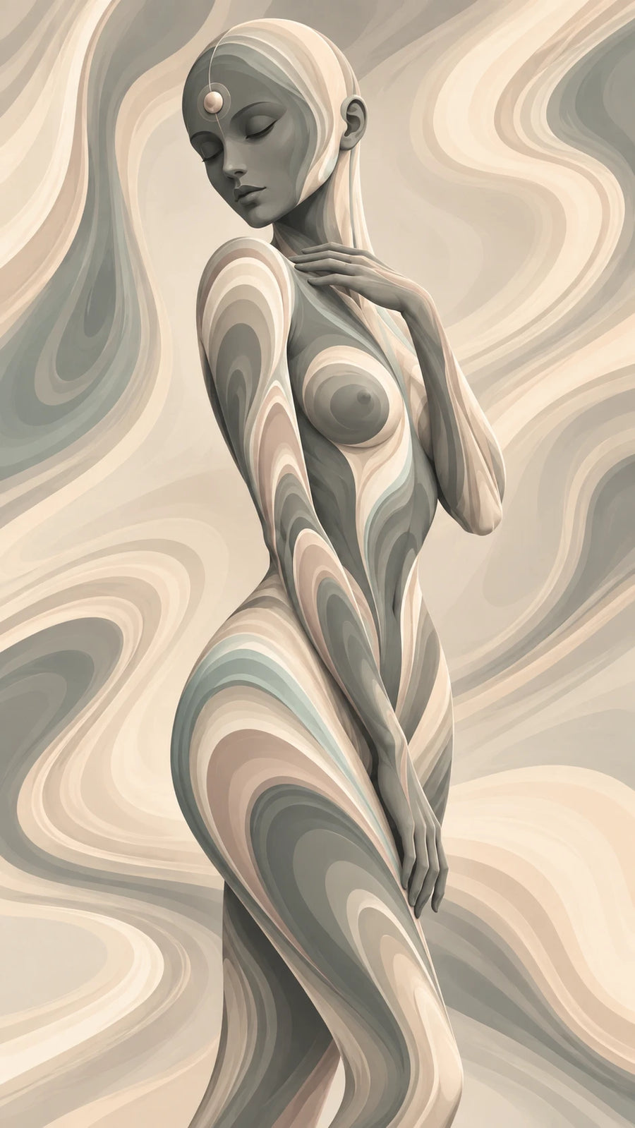 Alvir Art design 002: a figure made of flowing beige, grey and soft green waves.