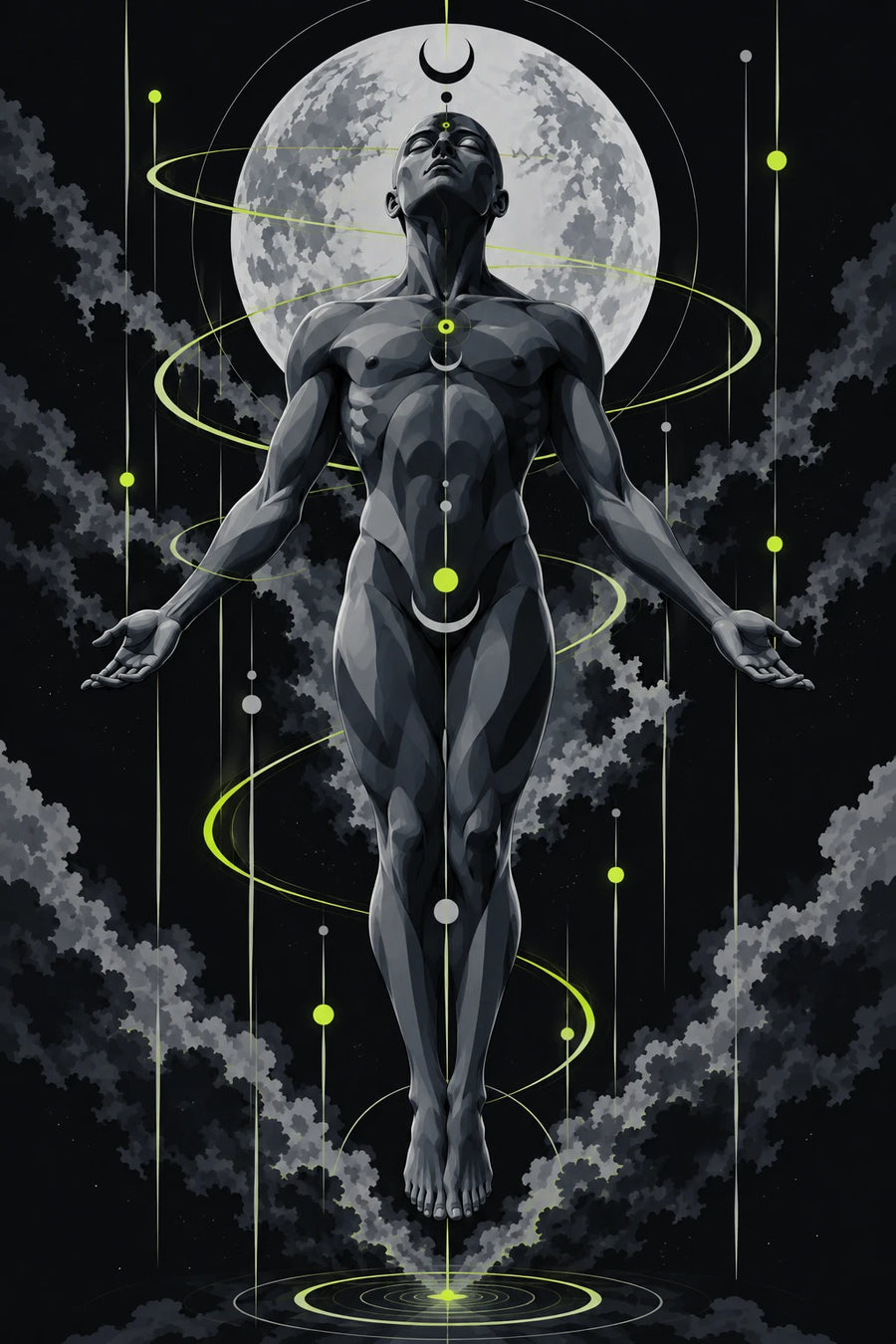 Alvir Art design 003: a grey figure floating before a full moon, circled by neon rings.