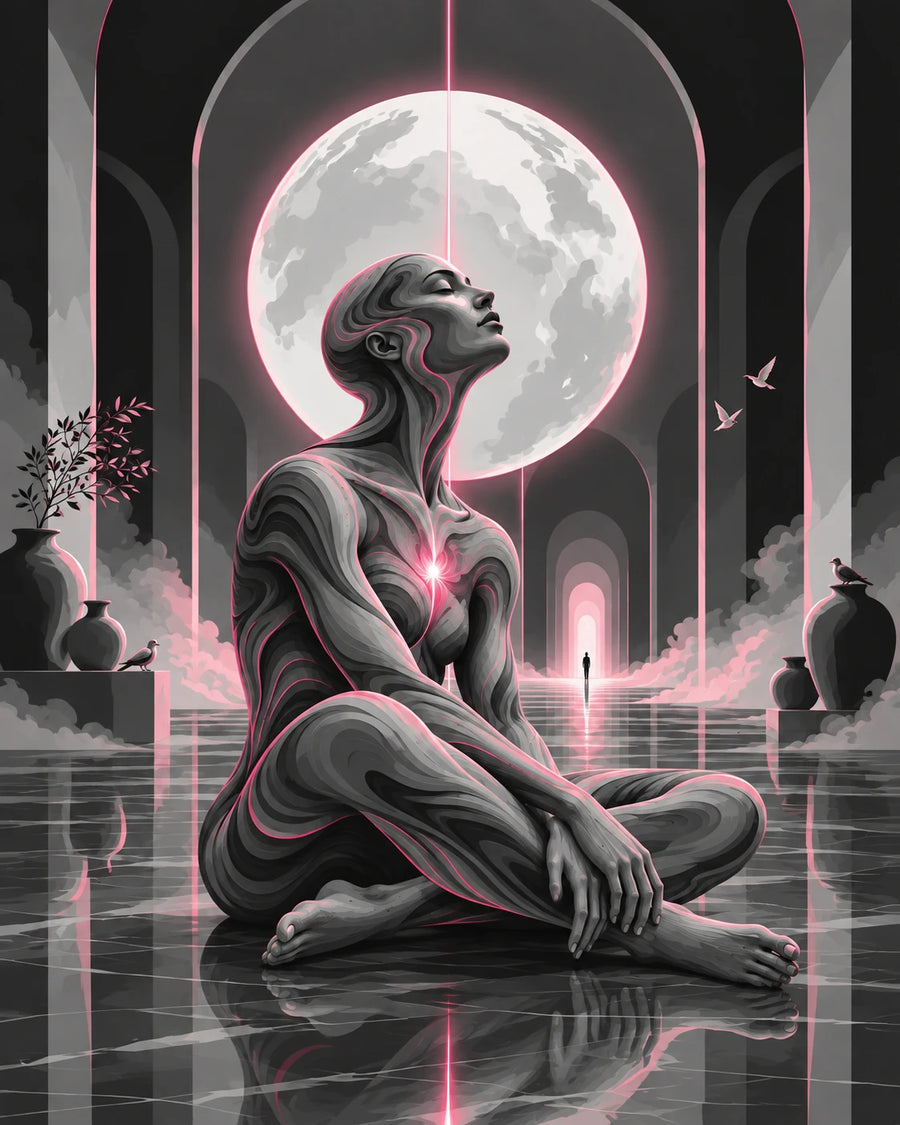 Alvir Art design 004: a seated figure beneath a full moon in a hall of arches, lit in pink.