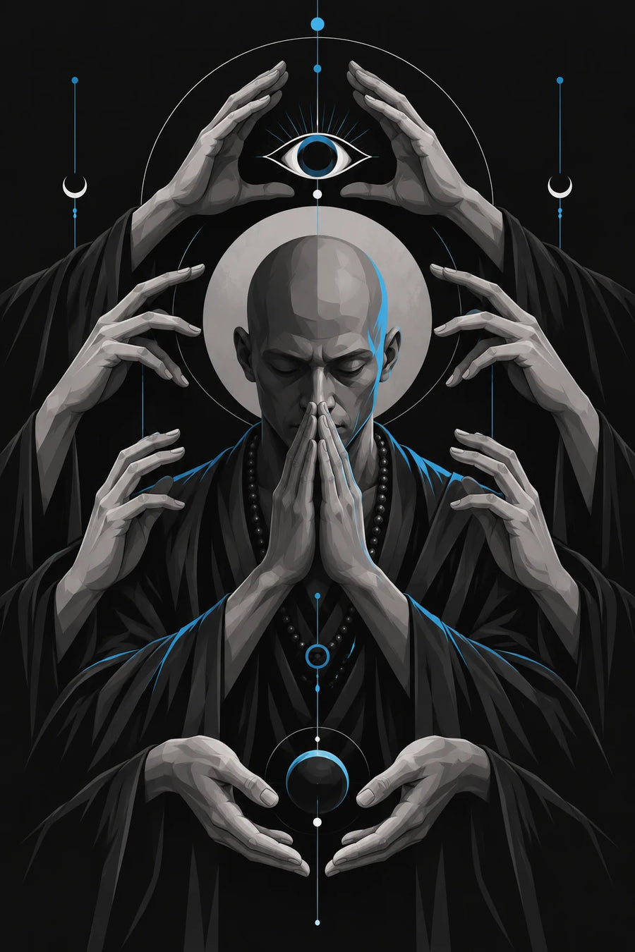 Alvir Art design 005: a monk in prayer surrounded by hands, an eye and blue lines.