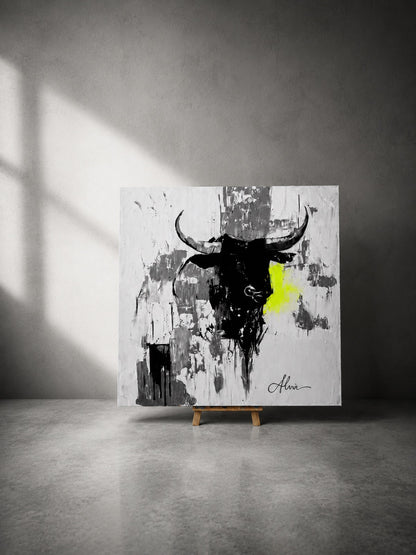 The painting on a wooden easel in a bare room, side light raking across the canvas