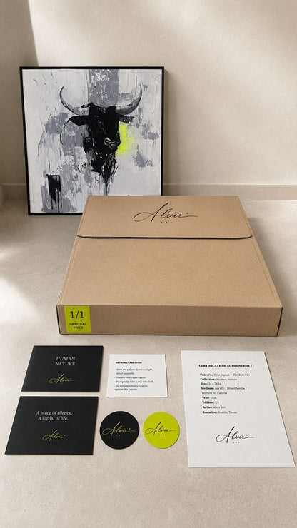 The packaging laid out: the signed box, the certificate of authenticity, the care guide and the studio cards, with the framed painting behind